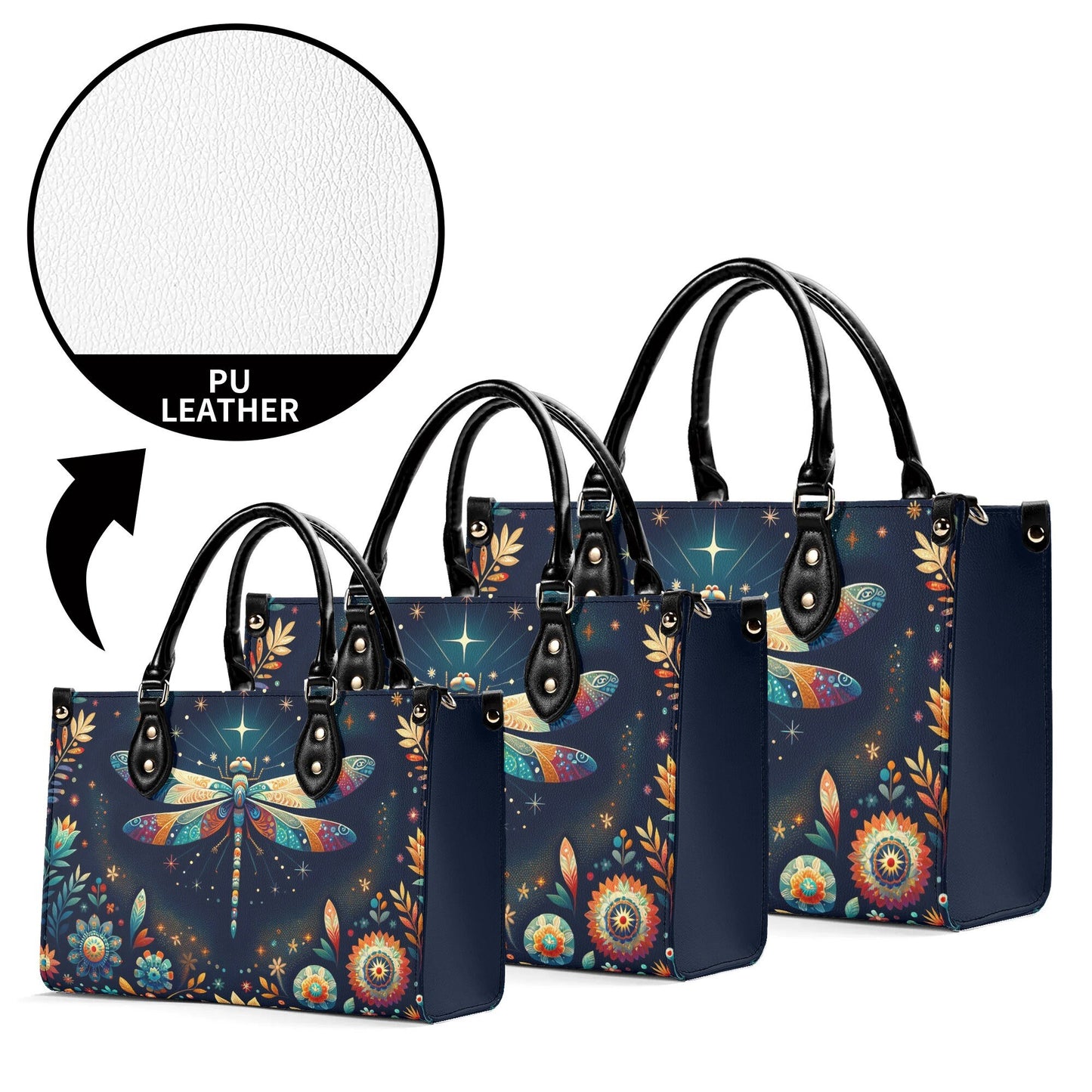 Celestial Dragonfly Tote Bag. Multi-pocket PU Leather Handbag. Square Vegan Leather Purse.  Crossbody Bag