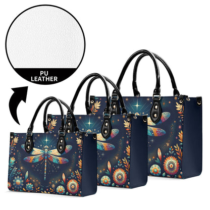Celestial Dragonfly Tote Bag. Multi-pocket PU Leather Handbag. Square Vegan Leather Purse.  Crossbody Bag