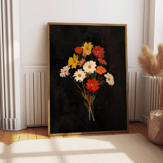 Vintage Colorful Daisies Oil Painting Black Gothic Antique Flower Print Illustration Botanical Farmhouse April Birth Flower Birthday Gift