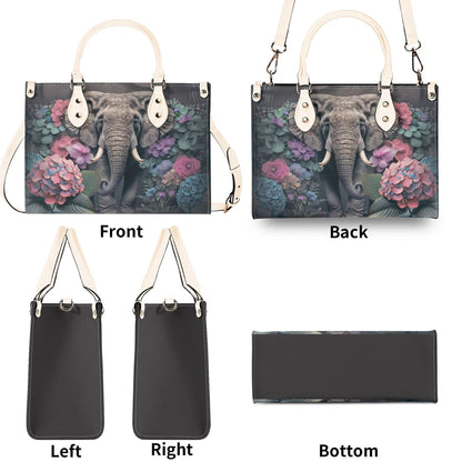 Elephants Garden Gala Handbag. Colorful Handbag, Waterproof PU Leather Tote, Top Handle Vegan Leather, Crossbody, Shoulder bag.