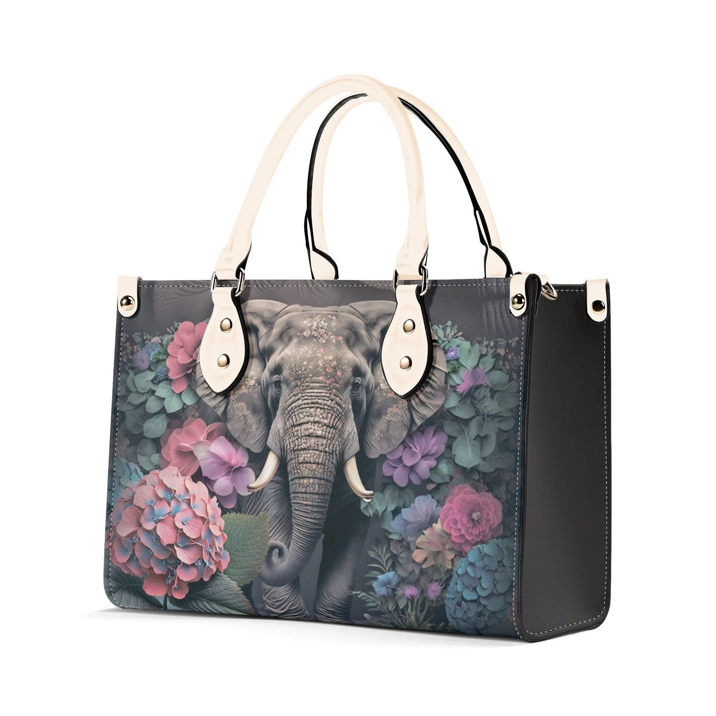 Elephants Garden Gala Handbag. Colorful Handbag, Waterproof PU Leather Tote, Top Handle Vegan Leather, Crossbody, Shoulder bag.
