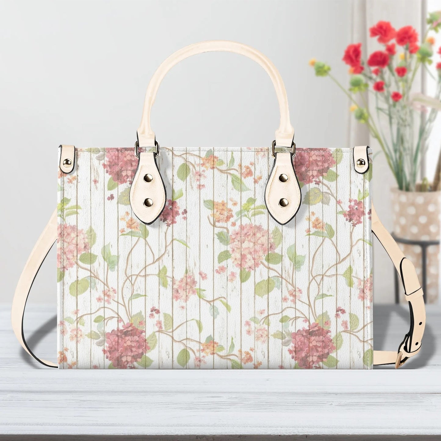 Rustic Spring Floral Tote Purse. Womans leather purse. Floral handbag. Gift for her, Gift for Friend. Leather handbag.