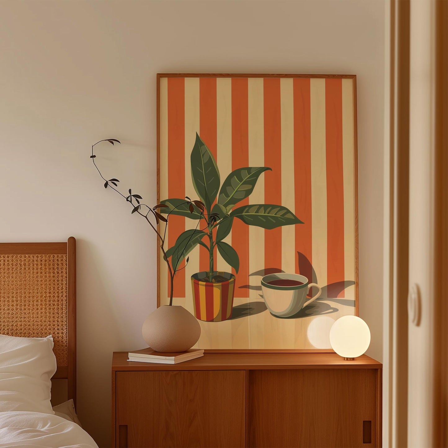 Retro Coffee Print, Retro Cafe, Coffee Art, Warm Stripes, Food Drink Kitchen Poster, Dining Room Art, Coffee Lover Gift, Plants, Minimalist