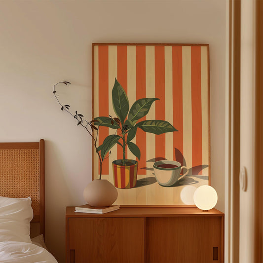 Retro Coffee Print, Retro Cafe, Coffee Art, Warm Stripes, Food Drink Kitchen Poster, Dining Room Art, Coffee Lover Gift, Plants, Minimalist