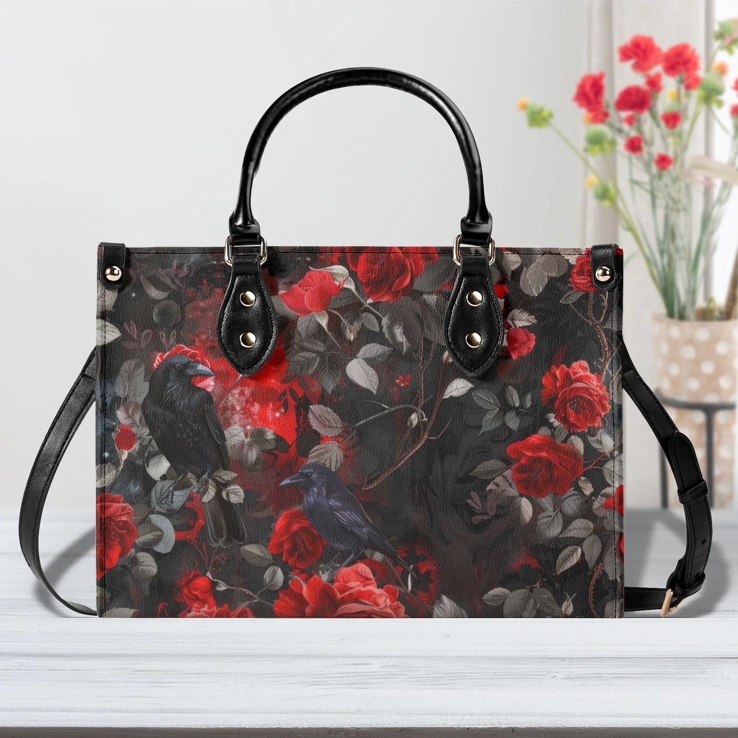 Gothic Rose Tote Handbag. Colorful Handbag, Waterproof PU Leather Tote, Top Handle Vegan Leather, Crossbody, Shoulder bag.