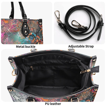 Dark Enchantment Tote Handbag. Colorful Handbag, Waterproof PU Leather Tote, Top Handle Vegan Leather, Crossbody, Shoulder bag.