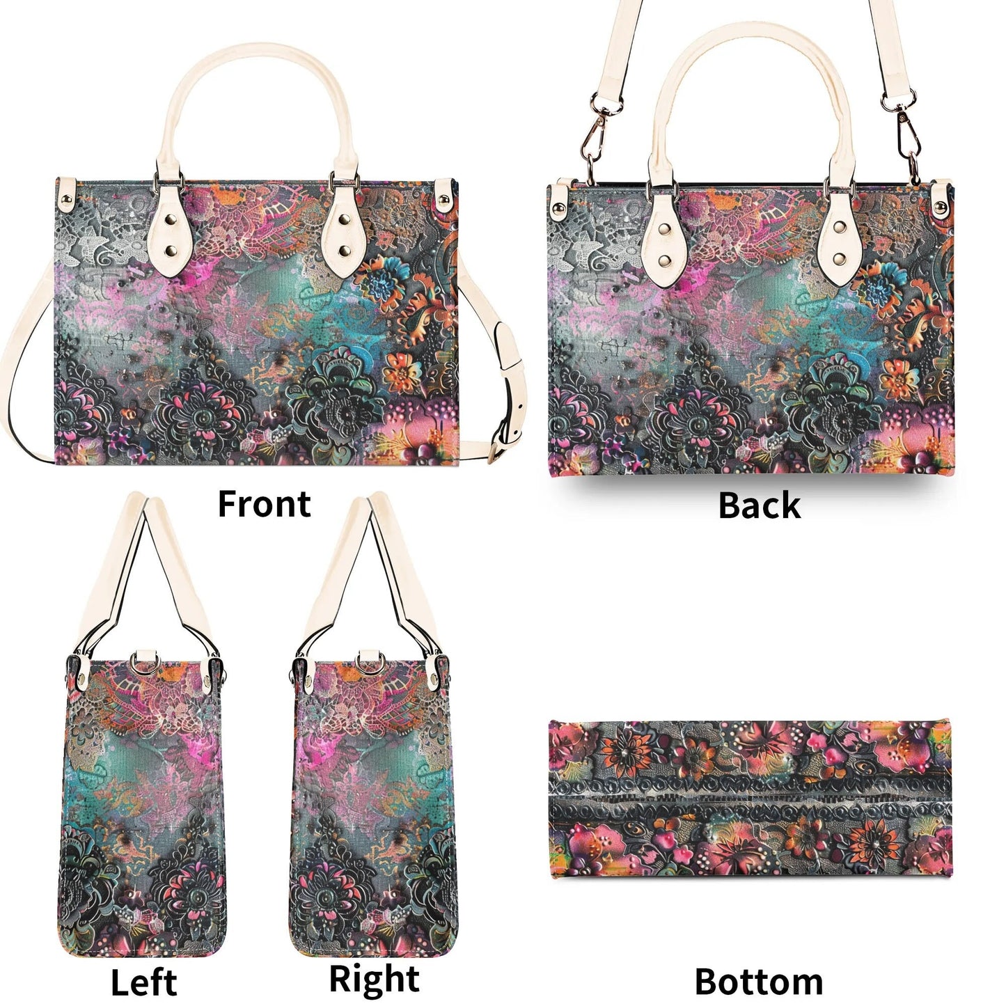 Dark Enchantment Tote Handbag. Colorful Handbag, Waterproof PU Leather Tote, Top Handle Vegan Leather, Crossbody, Shoulder bag.