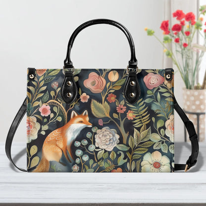 Enchanted Fox Grove Tote Handbag. Colorful Handbag, Waterproof PU Leather Tote, Top Handle Vegan Leather, Crossbody, Shoulder bag.