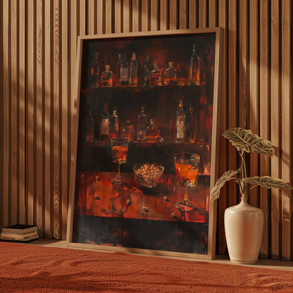 Gloomy Bar Print for Bar Abstract Painting Dark Color Alcohol and Bar Peanut Scene Poster Matisse Styled Artwork
