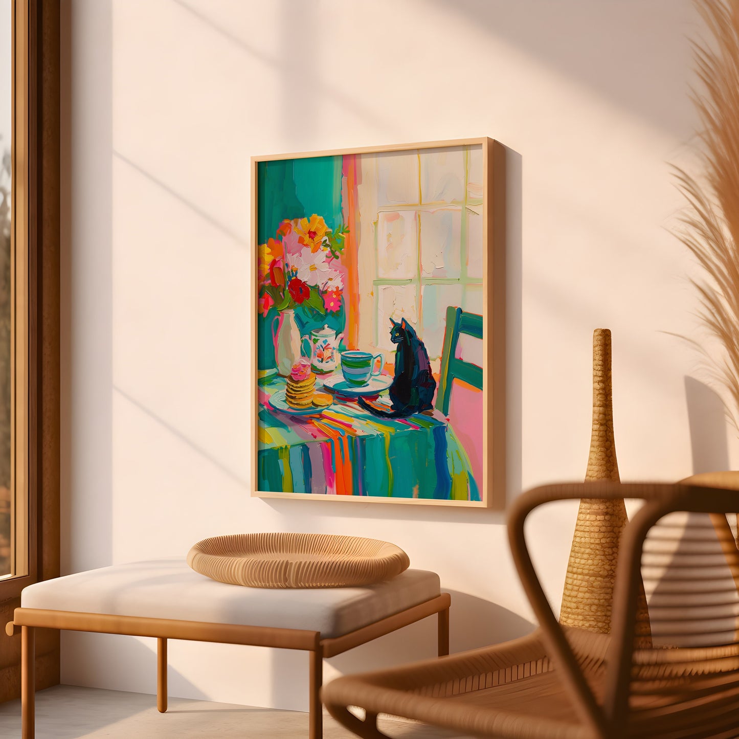 Black Cat at Breakfast Table Print Kitchen Abstract Painting Vibrant Coffee Color Kitchen Poster Matisse Styled Artwork