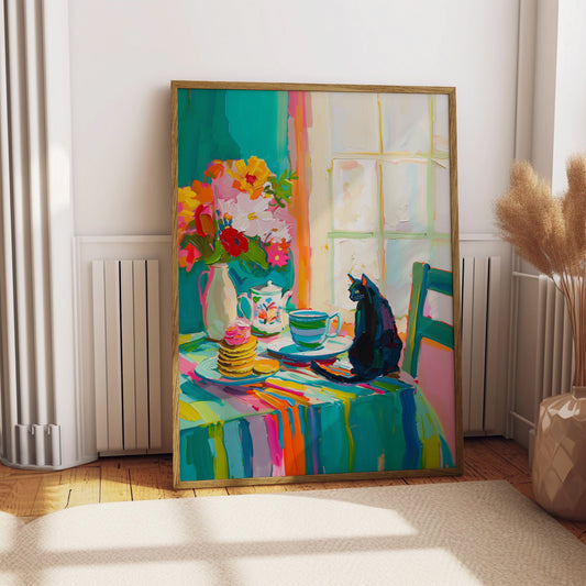 Black Cat at Breakfast Table Print Kitchen Abstract Painting Vibrant Coffee Color Kitchen Poster Matisse Styled Artwork