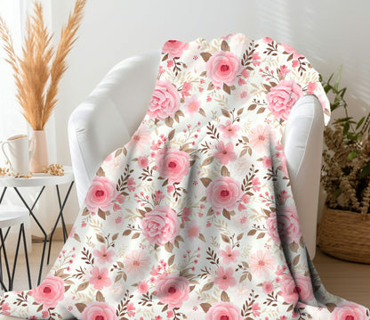 Floral Throw Blanket Pink Rose Blanket, Botanical Throw Blanket Gift for Flower Lovers, Gift for Gardener, Floral Fleece, Flower Home Decor
