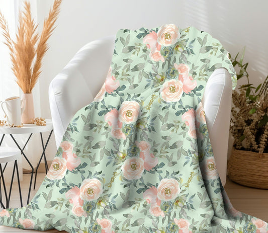 Floral Throw Blanket Peach Floral Home Decor, Green and Peach Floral Fleece, Floral Bedspread Peach Roses Watercolor Home Decor