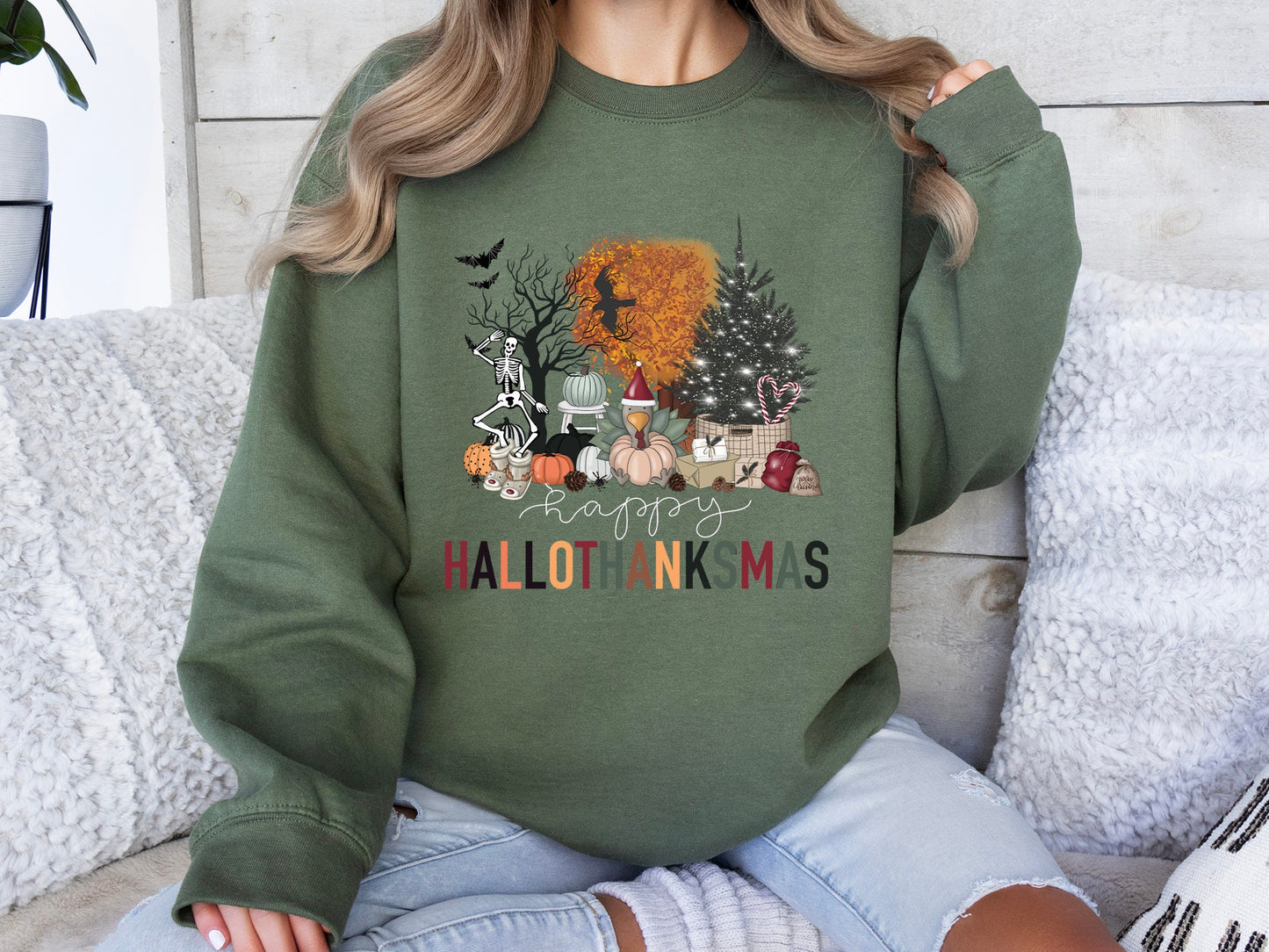 Happy Hallothanksmas Sweatshirt, Halloween Gift For Women ,Christmas Sweatshirt, Cute Halloween Sweater, Colorful Halloween Sweatshirt