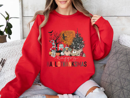 Happy Hallothanksmas Sweatshirt, Halloween Gift For Women ,Christmas Sweatshirt, Cute Halloween Sweater, Colorful Halloween Sweatshirt