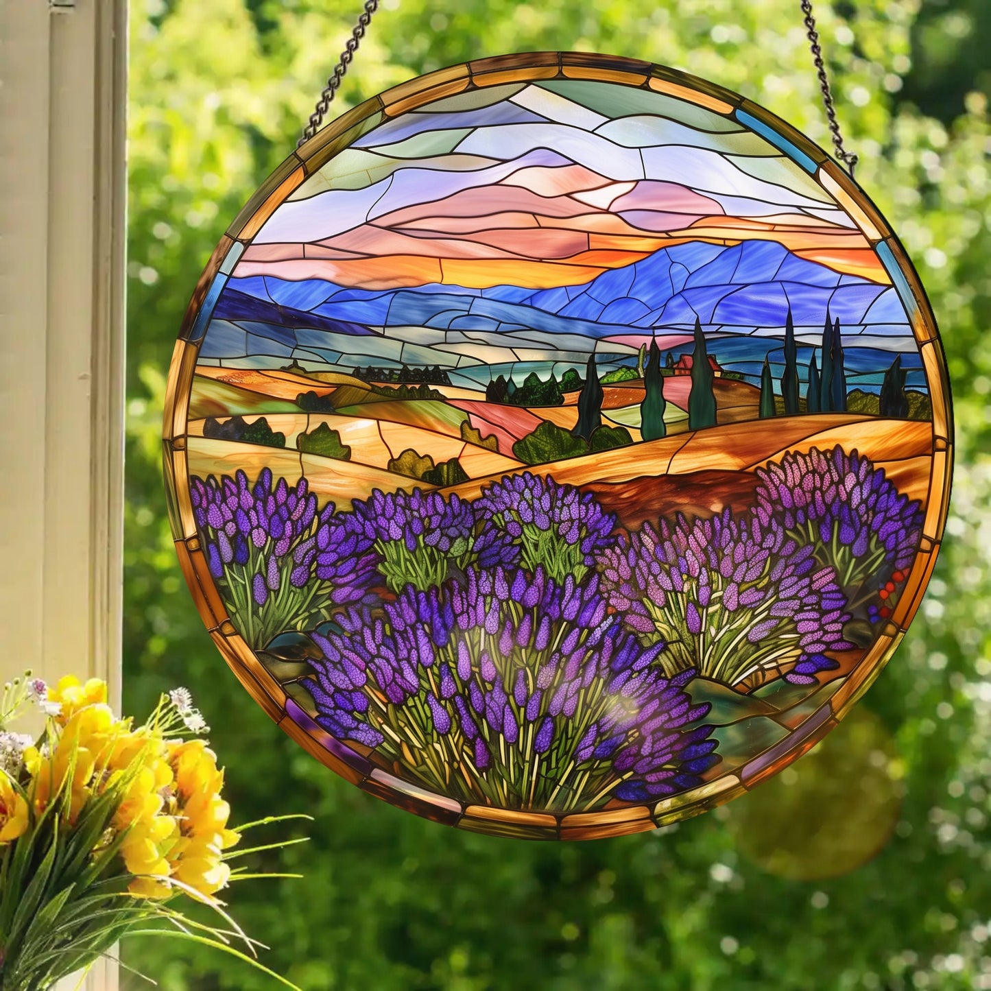 Lavender Fields: Stained Glass Style Window Hanging