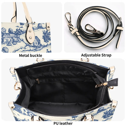 Toile-de-jouy Vintage-Inspired Handbag. Square Tote Bag, Waterproof PU Leather Tote, Top Handle Vegan Leather, Crossbody, Shoulder bag,