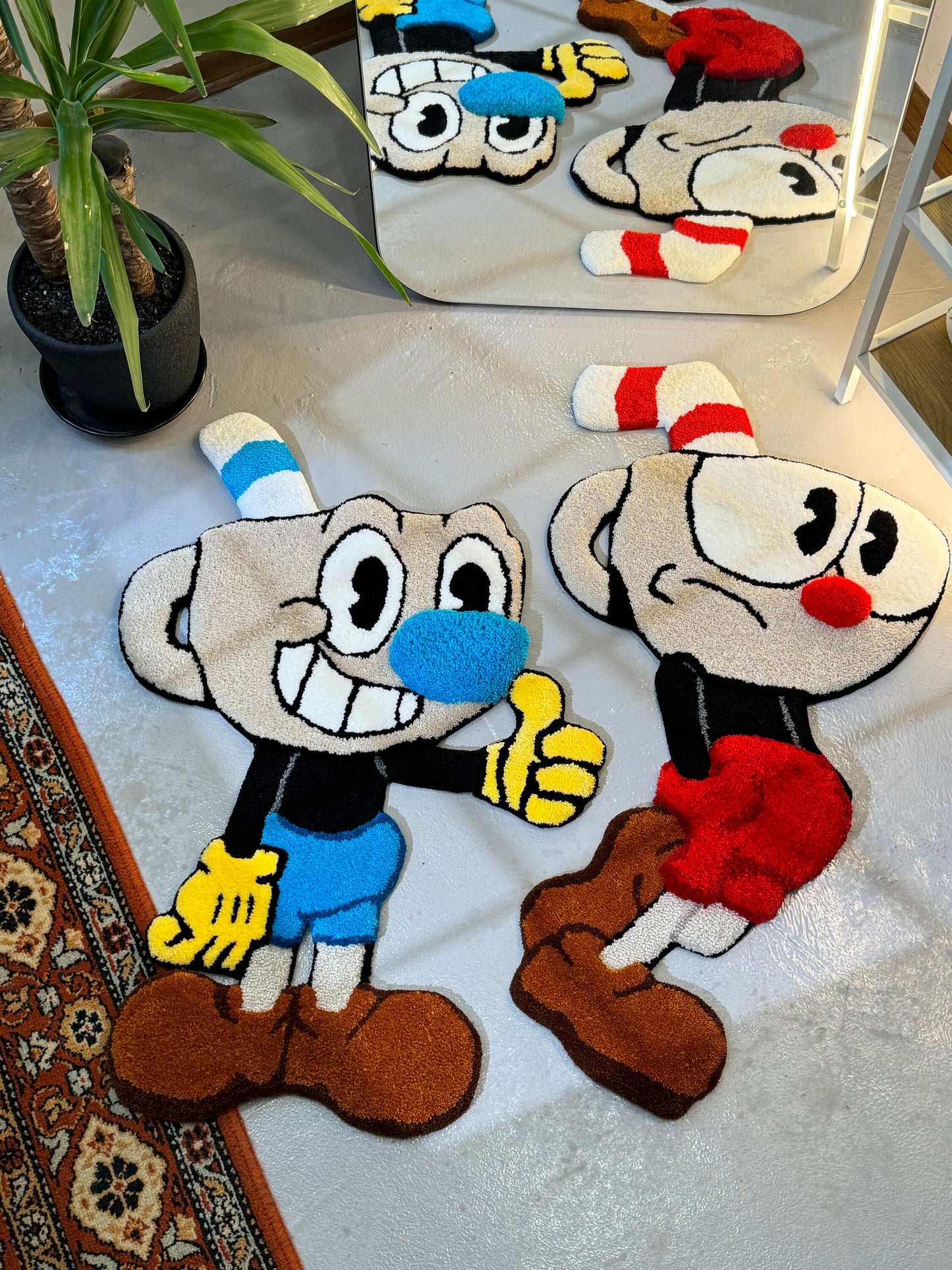 Couple Tufted Characters 3D Rug, Cute Cups Rug, Stylish Rug, Handmade floor art, Fluffy tufted Rug, Videogame rug
