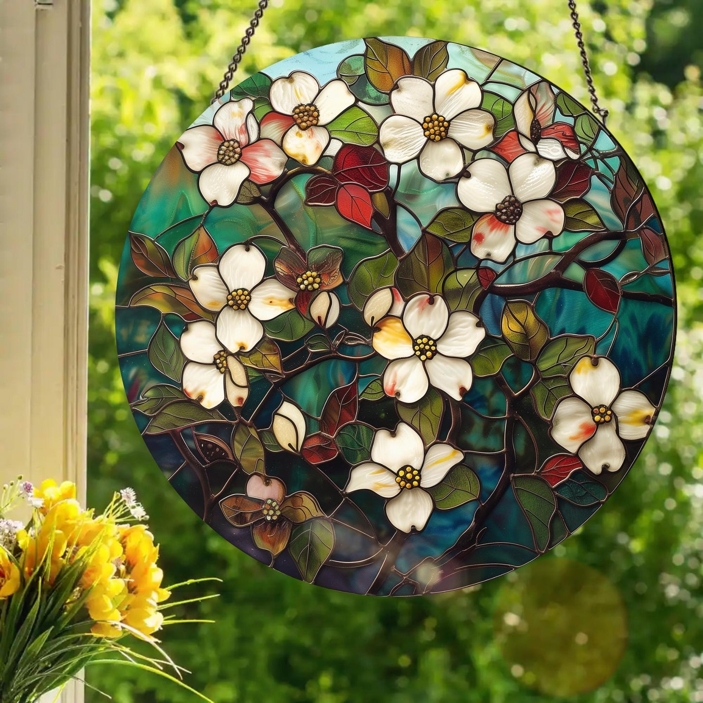 Dogwood: Stained Glass Style Window Hanging