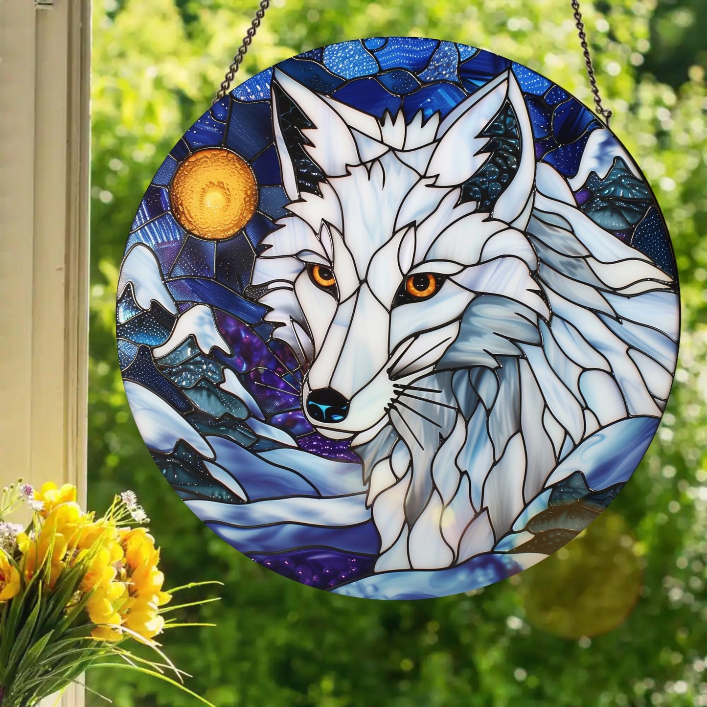 Snow Fox: Stained Glass Style Window Hanging Made With Real Glass