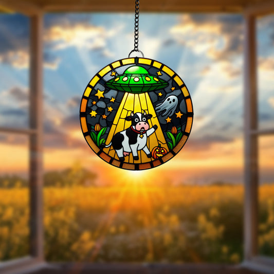 UFO Abduction a cow Window Hanging, Silly Cow Arcylic Window Hanging Art Decoration, Cat home Ornament, gift for her, Ghost Halloween