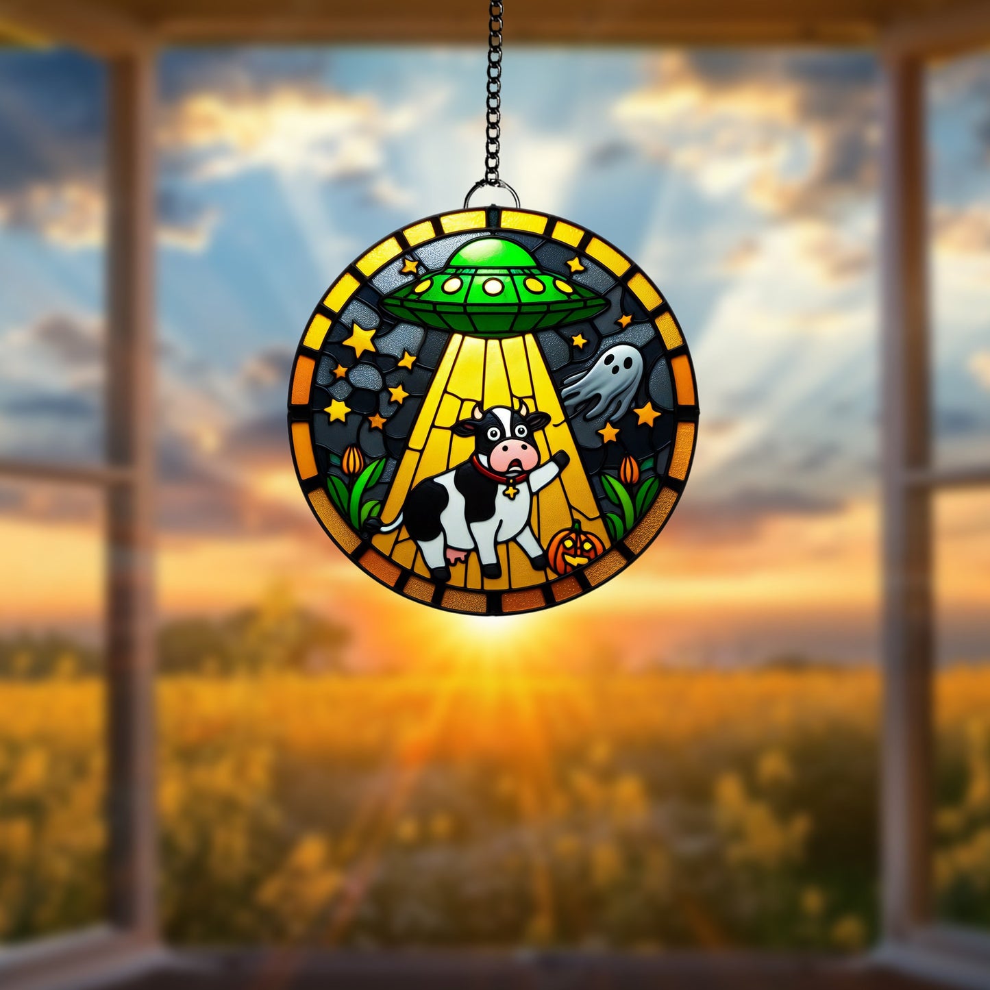 UFO Abduction a cow Window Hanging, Silly Cow Arcylic Window Hanging Art Decoration, Cat home Ornament, gift for her, Ghost Halloween