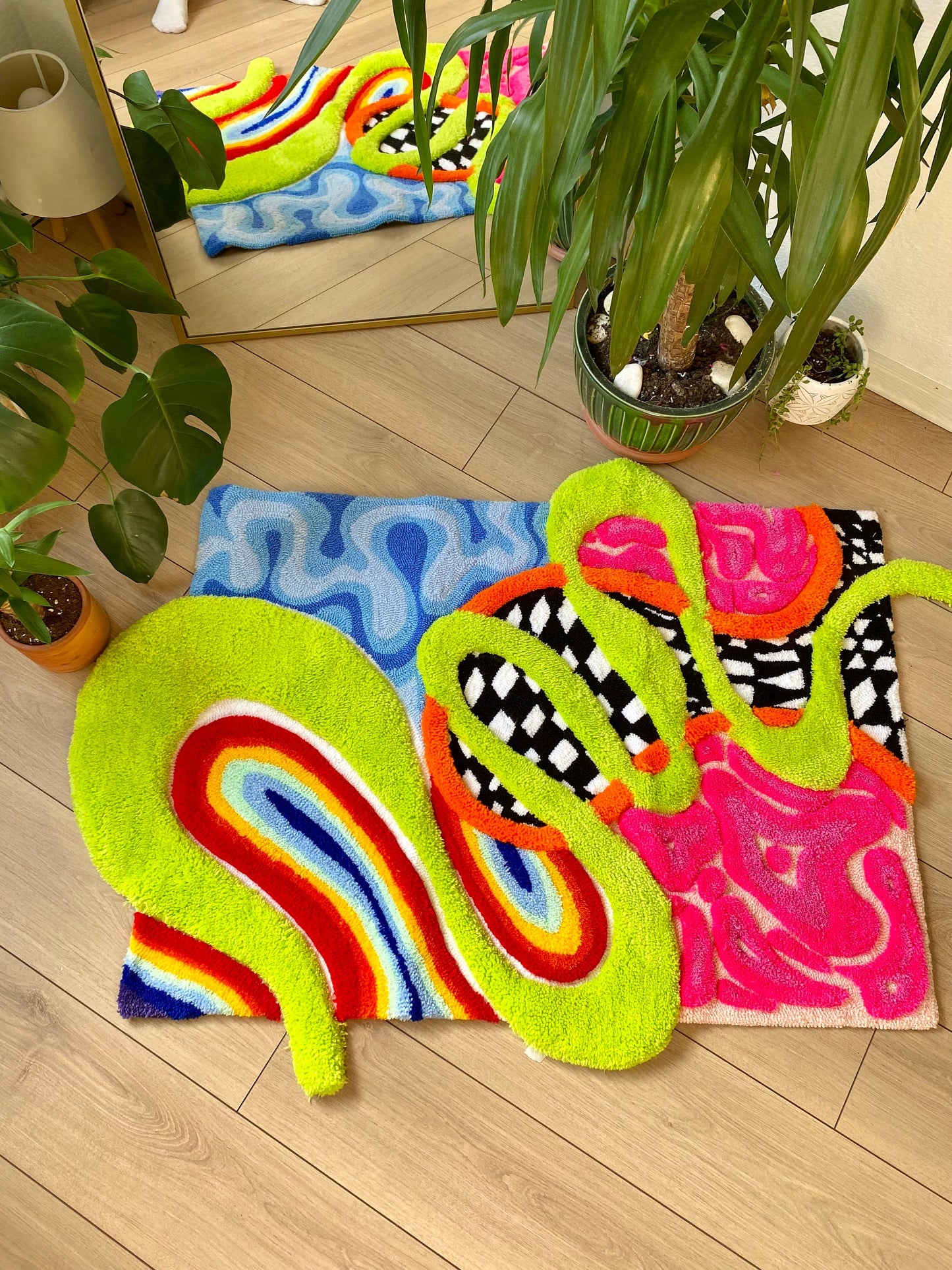 3D 'Alice' Fluffy Checkered Rainbow Handmade Tufted Rug