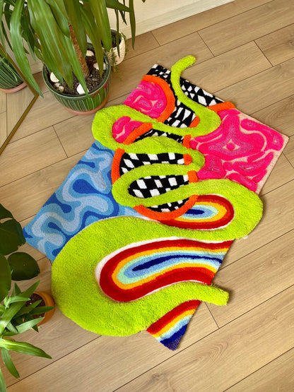 3D 'Alice' Fluffy Checkered Rainbow Handmade Tufted Rug