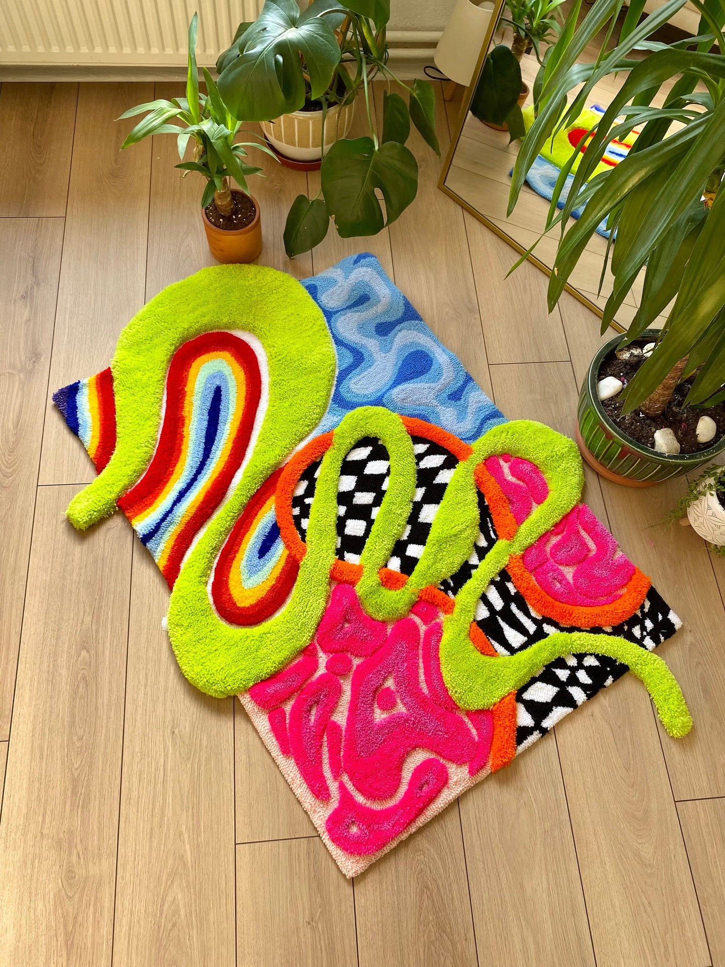 3D 'Alice' Fluffy Checkered Rainbow Handmade Tufted Rug