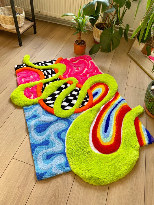 3D 'Alice' Fluffy Checkered Rainbow Handmade Tufted Rug