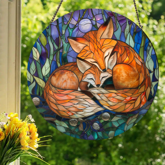Cuddle Foxes: Stained Glass Style Window Hanging Made With Real Glass