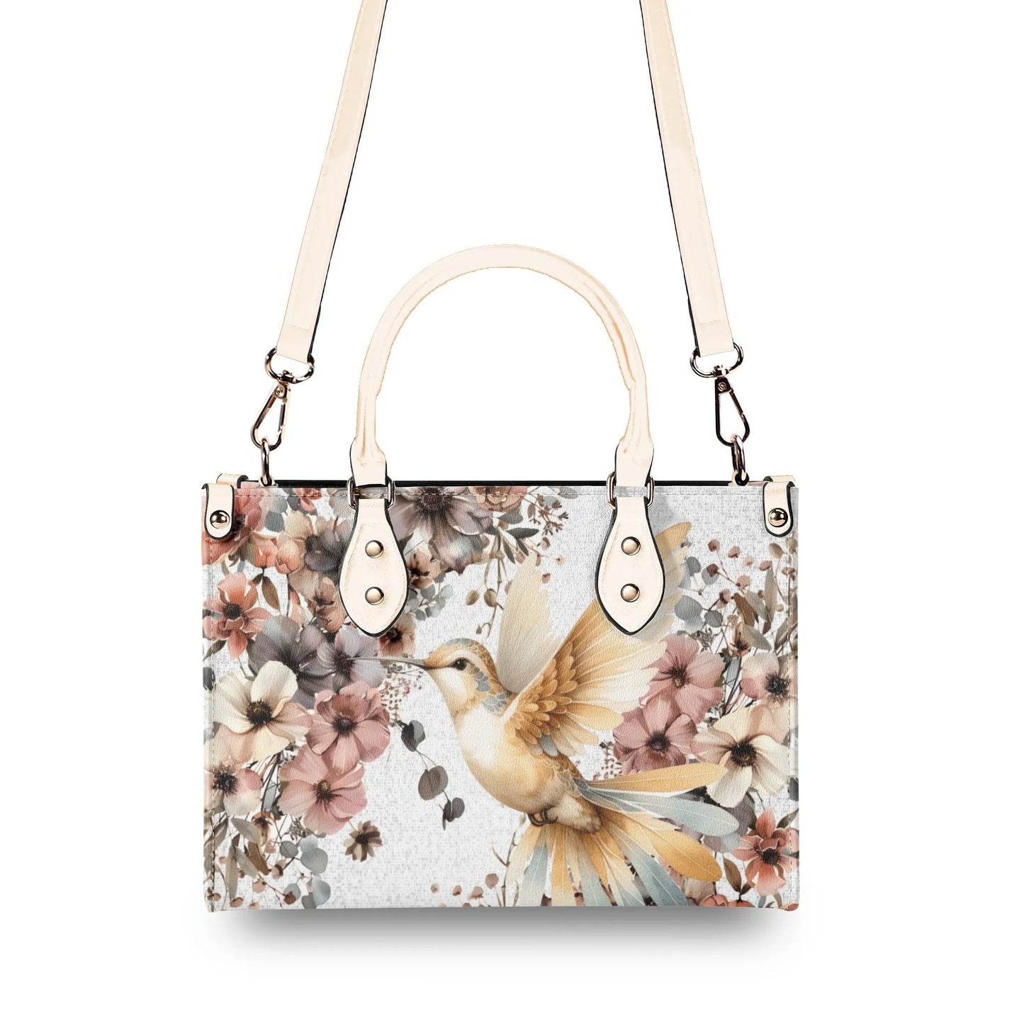Hummingbird Garden Tote Handbag. Colorful Handbag, Waterproof PU Leather Tote, Top Handle Vegan Leather, Crossbody, Shoulder bag.