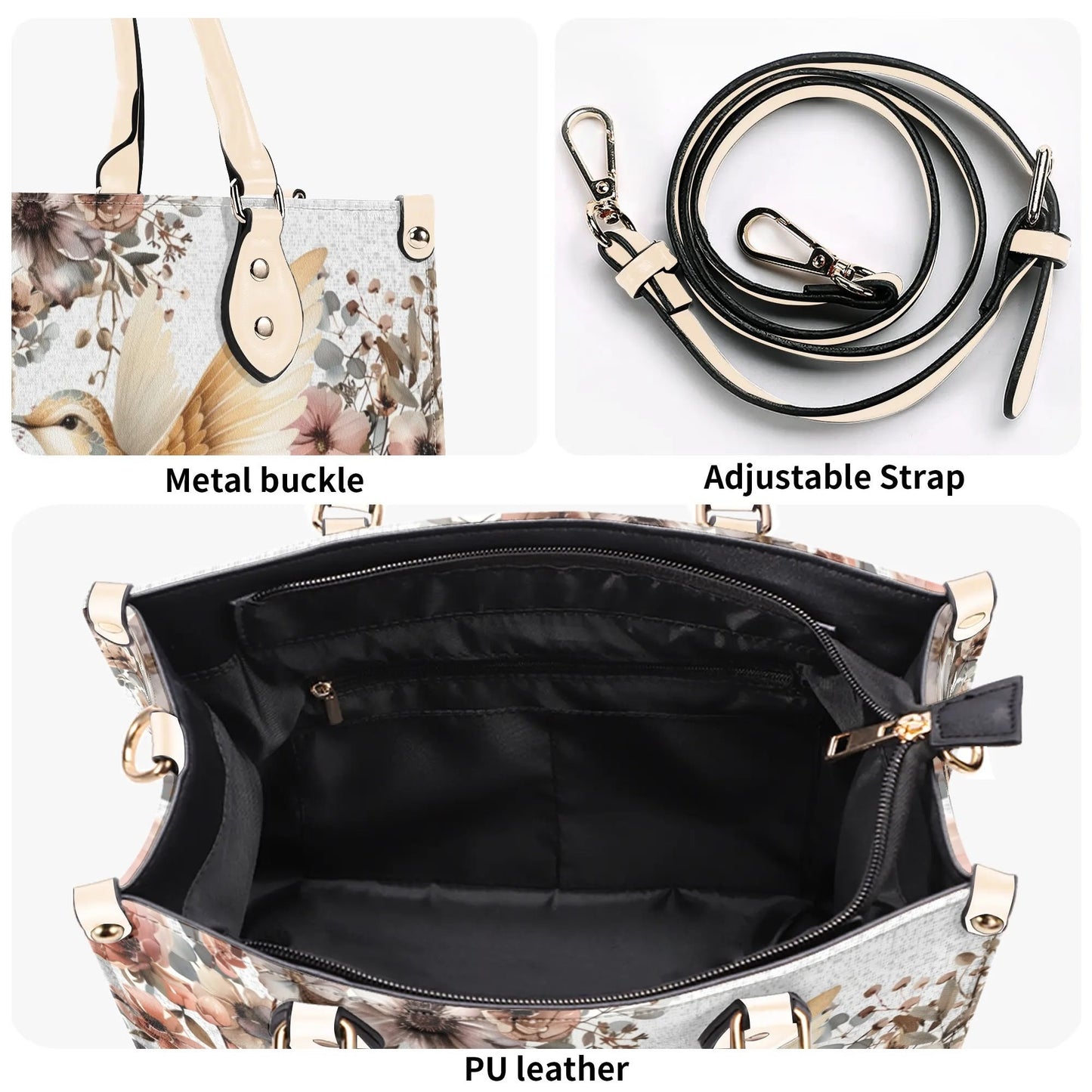 Hummingbird Garden Tote Handbag. Colorful Handbag, Waterproof PU Leather Tote, Top Handle Vegan Leather, Crossbody, Shoulder bag.