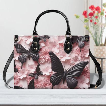 Black Butterfly Chic Tote Handbag. Pink Handbag, Waterproof PU Leather Tote, Top Handle Vegan Leather, Crossbody, Shoulder bag.