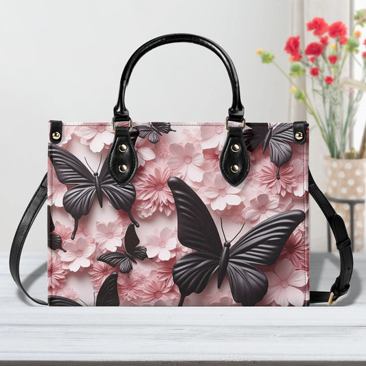Black Butterfly Chic Tote Handbag. Pink Handbag, Waterproof PU Leather Tote, Top Handle Vegan Leather, Crossbody, Shoulder bag.