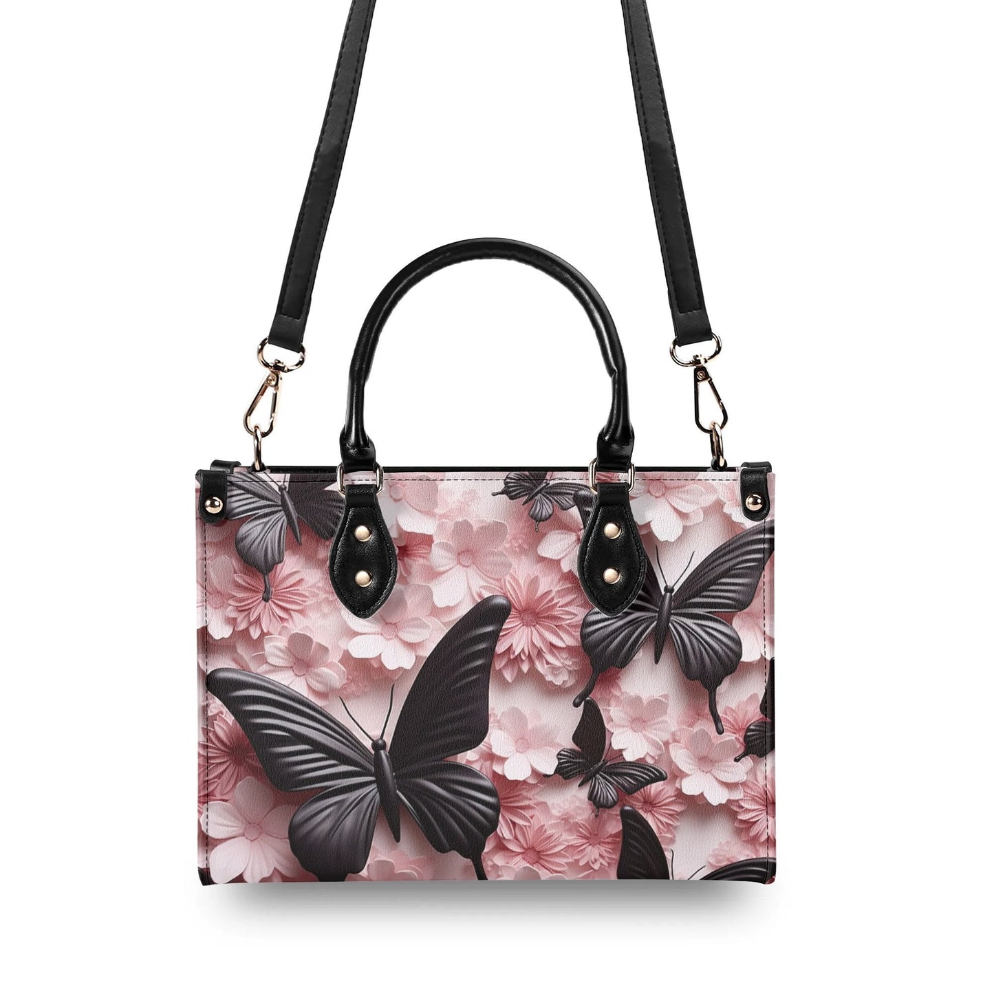 Black Butterfly Chic Tote Handbag. Pink Handbag, Waterproof PU Leather Tote, Top Handle Vegan Leather, Crossbody, Shoulder bag.