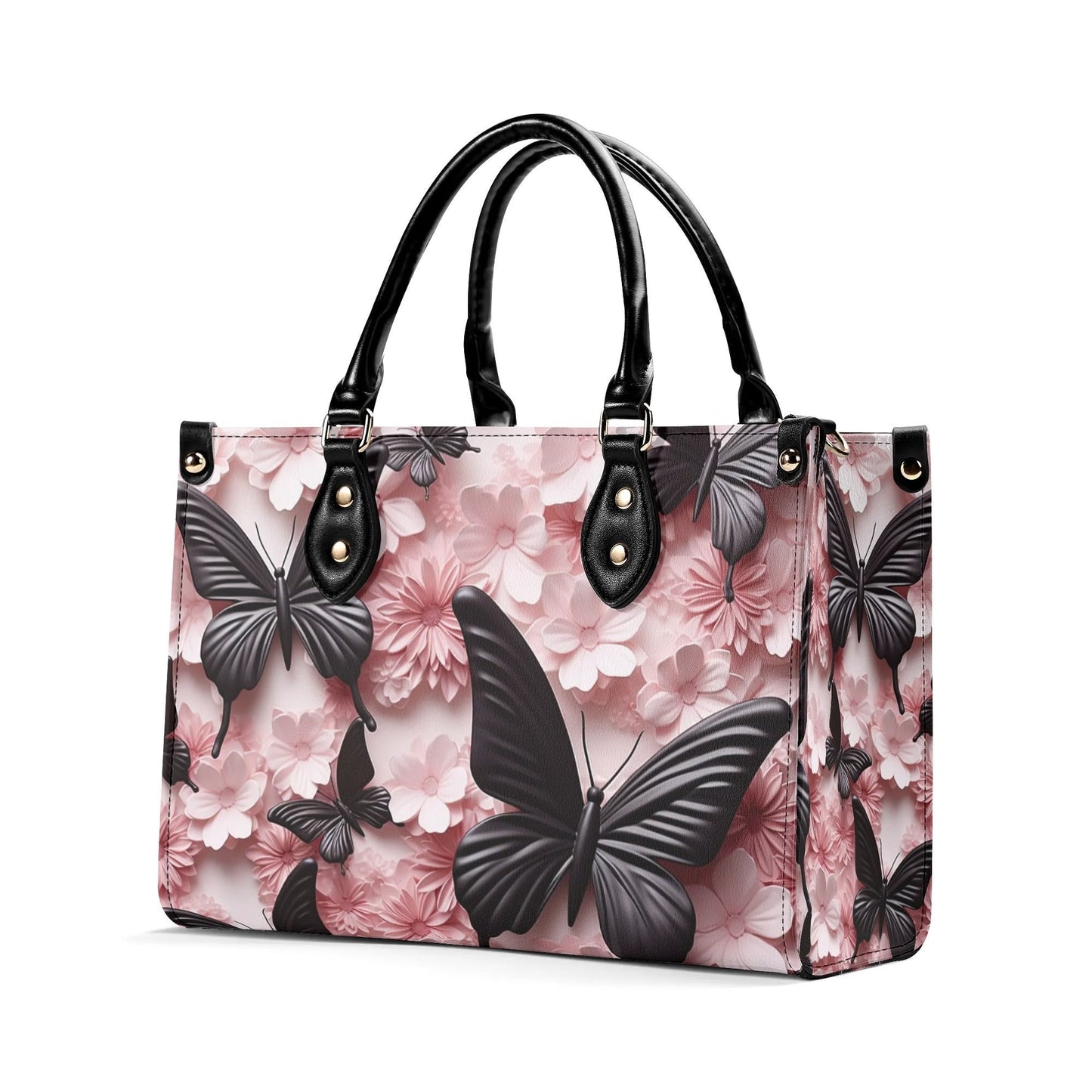 Black Butterfly Chic Tote Handbag. Pink Handbag, Waterproof PU Leather Tote, Top Handle Vegan Leather, Crossbody, Shoulder bag.