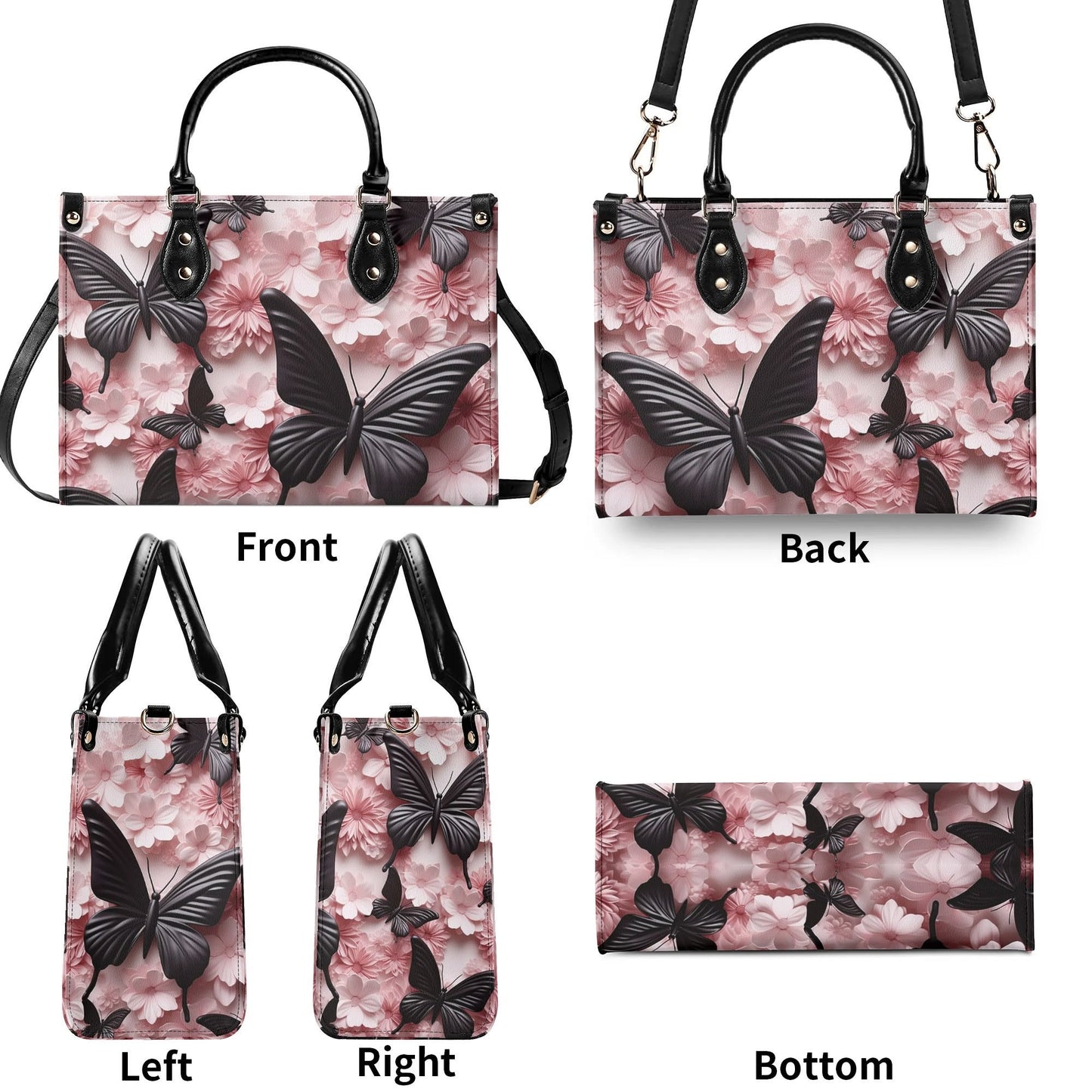 Black Butterfly Chic Tote Handbag. Pink Handbag, Waterproof PU Leather Tote, Top Handle Vegan Leather, Crossbody, Shoulder bag.