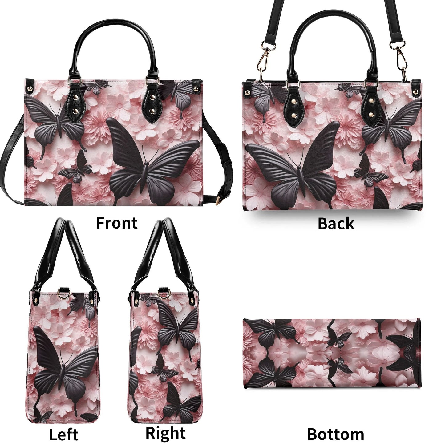 Black Butterfly Chic Tote Handbag. Pink Handbag, Waterproof PU Leather Tote, Top Handle Vegan Leather, Crossbody, Shoulder bag.