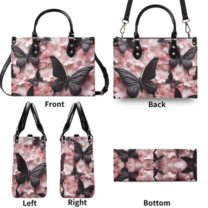 Black Butterfly Chic Tote Handbag. Pink Handbag, Waterproof PU Leather Tote, Top Handle Vegan Leather, Crossbody, Shoulder bag.