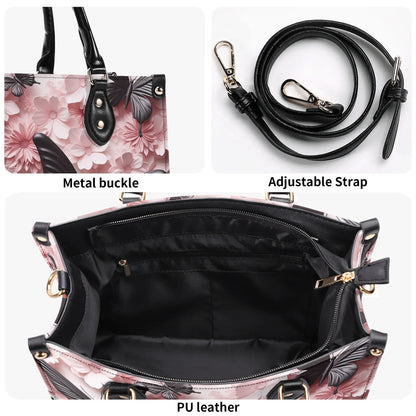 Black Butterfly Chic Tote Handbag. Pink Handbag, Waterproof PU Leather Tote, Top Handle Vegan Leather, Crossbody, Shoulder bag.