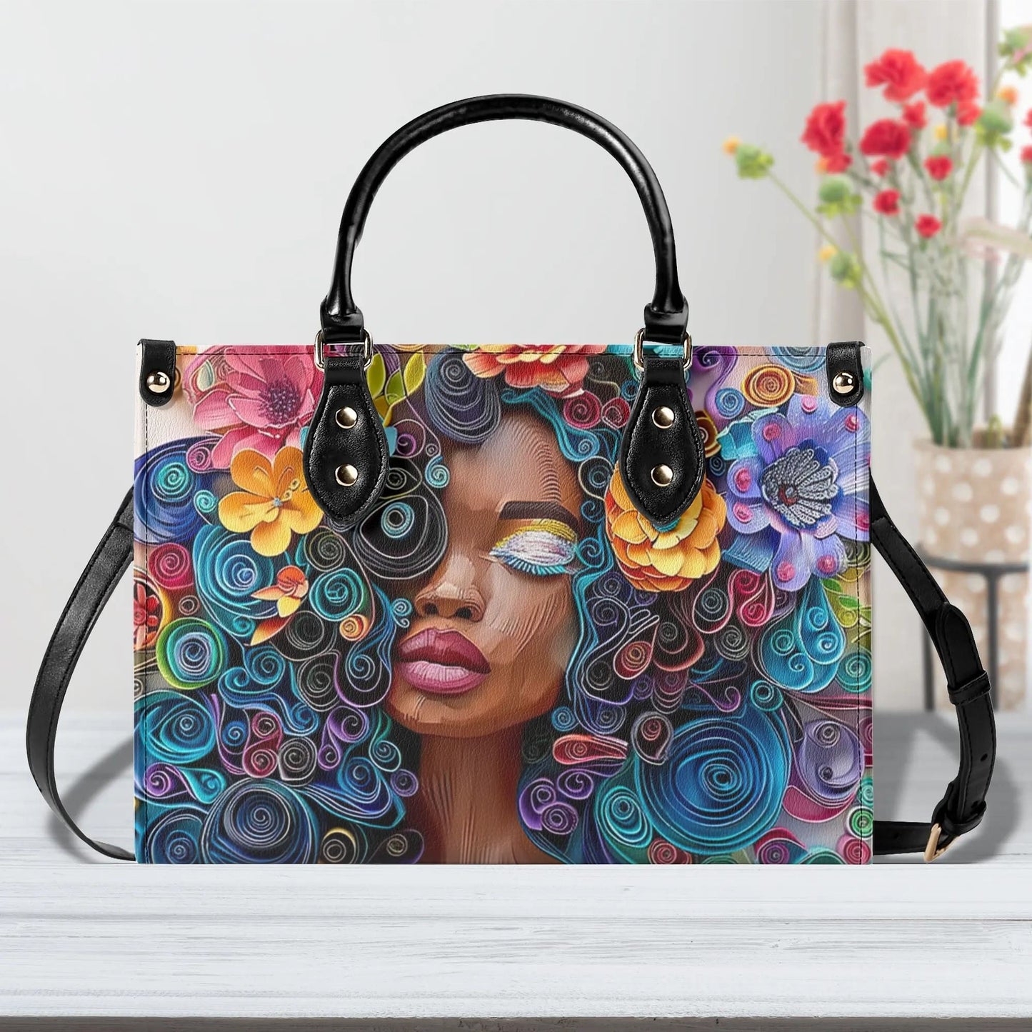 Afro-Centric Bloom Chic Tote Handbag. Colorful Handbag, Waterproof PU Leather Tote, Top Handle Vegan Leather, Crossbody, Shoulder bag.
