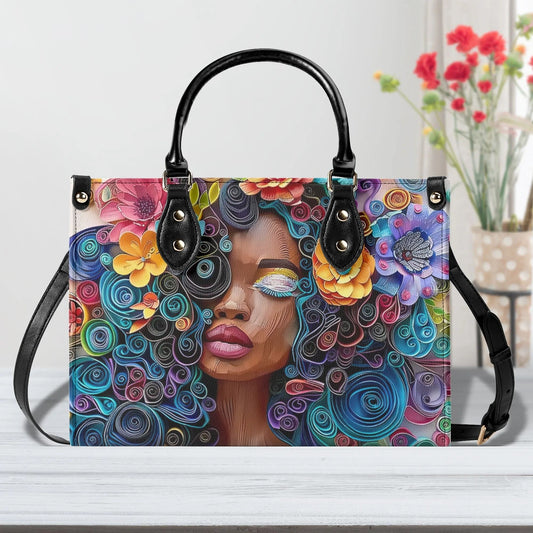 Afro-Centric Bloom Chic Tote Handbag. Colorful Handbag, Waterproof PU Leather Tote, Top Handle Vegan Leather, Crossbody, Shoulder bag.