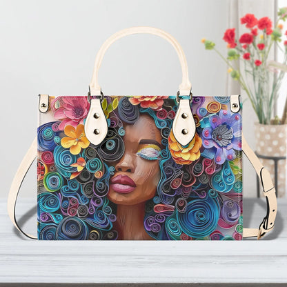Afro-Centric Bloom Chic Tote Handbag. Colorful Handbag, Waterproof PU Leather Tote, Top Handle Vegan Leather, Crossbody, Shoulder bag.
