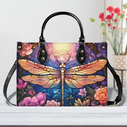 Stained-Glass Dragonfly Tote Handbag. Colorful Handbag, Waterproof PU Leather Tote, Top Handle Vegan Leather, Crossbody, Shoulder bag.