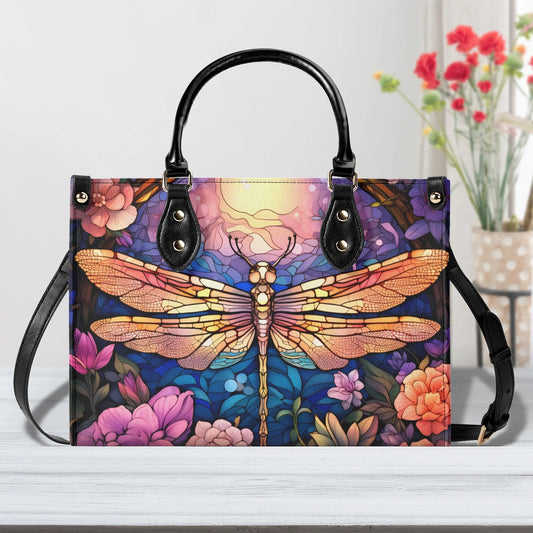 Stained-Glass Dragonfly Tote Handbag. Colorful Handbag, Waterproof PU Leather Tote, Top Handle Vegan Leather, Crossbody, Shoulder bag.
