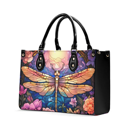 Stained-Glass Dragonfly Tote Handbag. Colorful Handbag, Waterproof PU Leather Tote, Top Handle Vegan Leather, Crossbody, Shoulder bag.