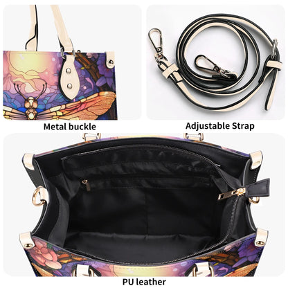 Stained-Glass Dragonfly Tote Handbag. Colorful Handbag, Waterproof PU Leather Tote, Top Handle Vegan Leather, Crossbody, Shoulder bag.