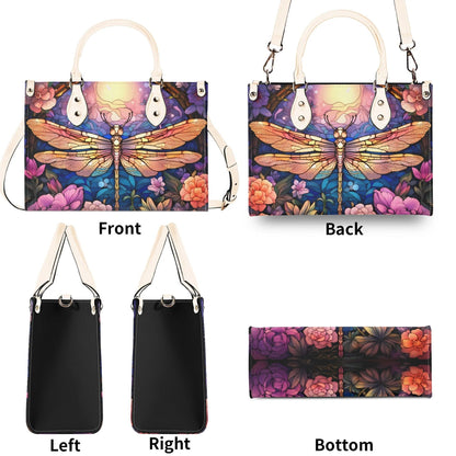 Stained-Glass Dragonfly Tote Handbag. Colorful Handbag, Waterproof PU Leather Tote, Top Handle Vegan Leather, Crossbody, Shoulder bag.