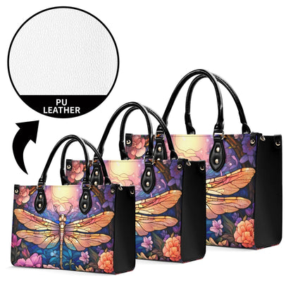 Stained-Glass Dragonfly Tote Handbag. Colorful Handbag, Waterproof PU Leather Tote, Top Handle Vegan Leather, Crossbody, Shoulder bag.